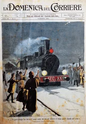 Uuden vuosisadan saapuminen, ihmiset toivottavat uuden vuosisadan tervetulleeksi ilolla, kuvitus Achille Beltrame (1871-1945), La Domenica del Corriere, 6. tammikuuta