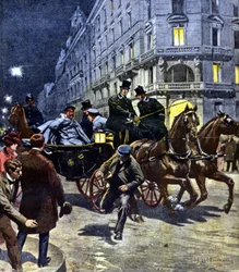 Saksan keisari Vilhelm II:n (1859 - 1941) kimppuun hyökättiin hänen vaunumatkallaan Bremenin asemalle illalla 6. maaliskuuta 1901. Kuvitus: Beltrame. La Domenica del corriere. 17/06/1901.