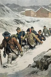 BELTRAME, Akhilleus (1871-1945). Italialaisia työntekijöitä ylittämässä St. Bernardin sola Aostan ja Sveitsin välillä. Kansi "" La Domenica del Corriere"". 14.02.1904. Litografia.
