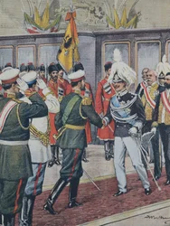 BELTRAME, Akhilleus (1871-1945). Viktor Emmanuel III (1869-1947). Italian kuningas (1900-1946); Nikolai II. Venäjän tsaari (1894-1917). VENÄJÄ. Tsaari ottaa vastaan ​​Italian kuninkaan Victoria Emmanuel III:n Pietarissa. A. Beltrame-kuva. Domenica of the C