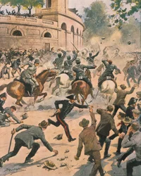 Yhteenotot areenan edessä yleislakon aikana Milanossa, Achille Beltramen kuva La Domenica del Corrieresta, kesäkuu 1914
