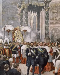 Paavi Pius X:n kruunajaiset Pietarinkirkossa, Vatikaani, Achille Beltramen kuvitus julkaisusta La Domenica del Corriere