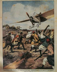 Achille Beltramen (1871-1945) kansikuva kapteeni Moizosta, joka yrittää laskua Afrikan kampanjan aikana, La Domenica del Corrieresta, 22. syyskuuta 1912
