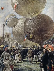 Kuumailmapallon lähtö Milanon lentonäytöksessä, kuvitus Achille Beltrame La Domenica del Corrieresta, 19. kesäkuuta