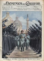 Duce Benito Mussolini tarkastaa kansallisen turvallisuuden vapaaehtoisen miliisin "muskettisoturit" Roomassa. Achille Beltramen kuvitus lehdessä "La Domenica del Corriere", 14/02/1937.