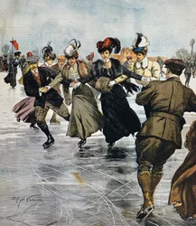 En gue ajanvietettä, luistelu, kuvitus Achille Beltrame (1871-1945), La Domenica del Corriere, 27. tammikuuta