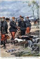 Vuoden 1914 sodan jakso: Kenraali Noel Edouard de Curieres de Castelnau (1851-1944), Ranskan armeijan komentaja Lorrainessa, vannoo kuolleen poikansa ruumiille kostaakseen häntä. Achille Beltramen kuvitus teoksessa "" La Domenica del Corriere""