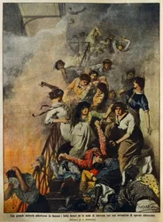 Tulipalo suuressa amerikkalaisessa tekstiilitehtaassa: työntekijöitä portaikossa, Achille Beltramen (1871-1945) kuvitus, La Domenica del Corriere, 10. elokuuta.