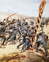 Italialaiset sotilaat ylittämässä Itävallan rajaa, kirjoittanut Achille Beltrame (1871-1945), kuvitus La Domenica del Corrieresta, kesäkuu 1915