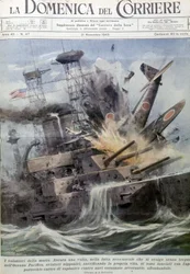 Japanilaiset itsemurhalentäjät räjähtävät vihollisaluksilla - julkaisussa "La Domenica del Corriere", 21. marraskuuta 1943