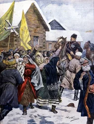 Taikausko Venäjällä: poliisi yrittää hajottaa uusien kristittyjen lahkon. Kuva Beltramesta. La Domenica del corriere. 1901.