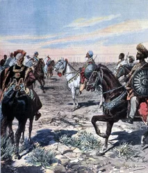 Kapteeni Mozzetti Ras Makosen (Mekonnen Welde Mikael) (Abba Qagnew) (1852-1906) leirillä Etiopiassa. Beltramen kuvitus. Domenica del corriere. 1899.