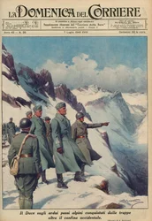 MUSSOLINI ALPEILLA - Benito MUSSOLINI tutkii jyrkkiä alppisoluja, jotka hänen joukkonsa ovat valloittaneet urheasti heinäkuu 1940 - Domenica del Corriere 1940 - Achille Beltrame