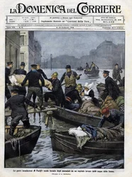 Sairaiden pelastus Pariisissa helmikuun 1910 tulvien aikana. ""domenica del corriere"":n kansi. 13. helmikuuta 1910 Achille Beltramen kuvitus