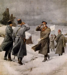 Sodan jatkuminen, turkkilainen parlamentaarikko saapumassa bulgarialaisen leirille kantamassa sanomaa aselevon päättymisestä, Achille Beltrame (1871-1945), kuvitus La Domenica del Corrieresta, 9. helmikuuta