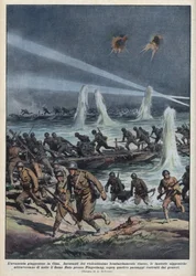 Toinen Kiinan ja Japanin sota (1937-1945): "Japanin armeija ylittää Huto-joen lähellä Pingshangia Kiinan pommituksen alaisena." Achille Beltramen kuvitus teoksesta "La domenica del corriere" 17.10.1937.