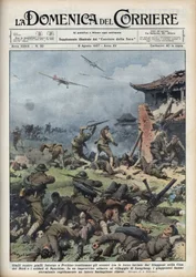 Toinen Kiinan ja Japanin sota (1937-1945): Japanin ja Kiinan aseiden yhteenotot lähellä Pekiniä, japanilaiset tuhosivat nopeasti koko kiinalaisen pataljoonan. Achille Beltramen kuvitus teoksesta "La domenica del corriere" 8.8.1937.