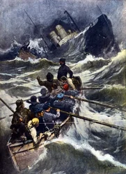 Haaksirikko lähellä Piombinoa Italiassa. "" La Domenica del Corriere "", Beltramen kuvitus. 1910