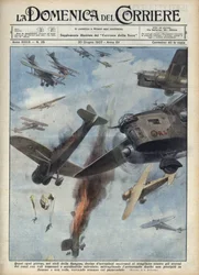 Espanjan sisällissota: tasavaltalaisten ja kansallismielisten lentokoneiden ilmataisteluja sodan runteleman Espanjan yllä. Achille Beltramen kuvitus "La domenica del Corriere" -lehdessä 20/06/1937.