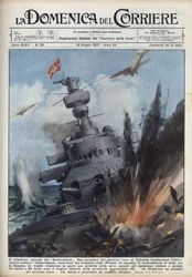 Espanjan sisällissota: Republikaanien hallituksen kaksi lentokonetta Valenciassa pommittivat saksalaista risteilijää Deutschlandia estääkseen asekaupan Espanjaan. Kuva Achille Beltramesta elokuvassa "La domenica del Corriere" 13.6.1937.