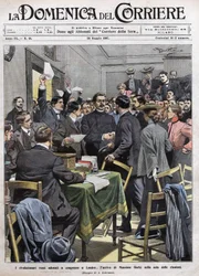 Maxim Gorkin saapuminen Lontoon kongressin kokoushuoneeseen vuoden 1905 vallankumouksen jälkeen Venäjällä. La Domenica del Corrieren kansikuva 26.5.1907.