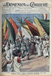 Yleisö tervehtii Libyan matkalla olevaa herttua Benito Mussolinia. Kuva Achille Beltramesta elokuvassa "" La domenica del Corriere"" 28.3.1937.