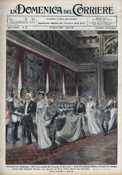 Kuningaspari Viktor Emanuel III (Victor-Emmanuel) (Vittorio Emanuele III) (1869-1947) ja hänen puolisonsa Montenegron Helena, perässään prinssi Umberto II ja Marie José (Belgian Marie-José, Savoijin Maria José), matkalla Paolina-kappeliin