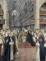 Yhdistynyt kuningaskunta (1901). Edvard VII:n kruunajaiset Westminster Abbeyssa. Achille Beltramen kuvitus, julkaistu Domenica del Corriere -lehdessä. Kaiverrus.