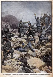Ensimmäinen maailmansota: Italian rintama Carson tasangolla (Trentino) ja vangit maanalaisessa. "Domenica del Corriere". 07/1917 (litografia)
