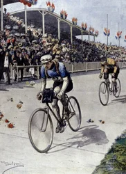 pyöräilijä Peer Breton Tour de Francen voittaja vuonna 1908. Achille Beltramen kuvitus.