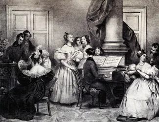 Perhekonsertti pianon kanssa, Achille Deveria (1800-1857), kaiverrus, Ranska