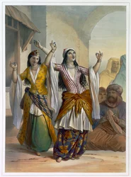 Egyptiläiset tanssitytöt esittävät Ghawazia Rosettassa, Egyptissä, 1848