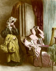 WC: tyylikäs nuori nainen palvelijattarensa kanssa Lithography by Achilles Deveria (1800-1857) 18th century Collection Particuliere