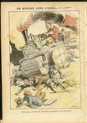 Kuvitus: Achille Lemot (1846-1909) Le Pelerinissä, 27.5.2006 - Marssilla kohti ihannetta - Sosiaalinen, Auto, Kuolleet ruumiit, Vallankumous, Punainen lippu, Talous, Sosialismi, Pneumatiikka, Punktio