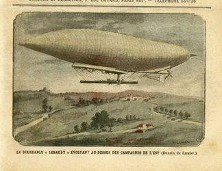 Kuva Achille Lemotista (1846-1909) Le Pelerinissä, 26.11.05 - Ilmalaiva "" Lebaudy"" kehittyy itäisellä maaseudulla - Kampanja, Ilmapallot ilmalaivat zeppelins-lentoasema, Lebaudy