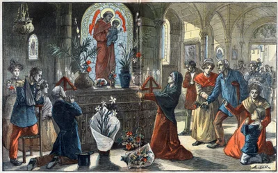 Kiintymys Pyhälle Anthonylle Padovalaiselle (San Antonio di Padova) yhdistää hänen alttarinsa eteen kaikki yhteiskuntaluokat - Achille Lemotin kuvitus teoksessa "" Le-Pelerin" vuodelta 1896