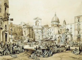 Porta Capuana Napolissa, kirjoittanut Achille Vianelli (1803-1894), seepia, 43x60,5 cm