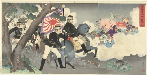 Kuinka asevoimamme voittivat kiinalaiset sotilaat Pjongjangissa. Waga gun Heijo no shinhei o gekiha suru zu. (otsikko esineessä)