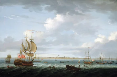 Merenkulku Madrasin (Intia) rannikon edustalla, kuvaus satamasta ja kaupungista sekä Saint George -linnakkeen yllä liehuva Britannian lippu, joka muistuttaa Brittiläisen imperiumin vaikeuksien lisääntymisestä Intiassa.