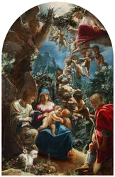 Italian: sacra famiglia con san giovannino e un angelo Pyhä perhe, jossa on Johannes Kastaja ja enkeleitä.