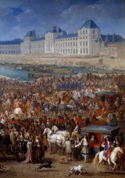 Piha ja paskiaiset. Oikea yksityiskohta Louis XIV:stä (1638-1715), joka ylitti Pont Neufin vaunuissaan. Adam Francois Van Der Meulenin (1632-1690) maalaus