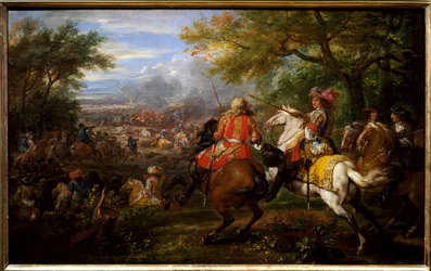 Voitti Espanjan armeijan lähellä Bruggen kanavaa 31. elokuuta 1667. Ranskan kuningas Ludvig XIV valkoisella hevosella on kenraaliensa: Francois de Crequyn (1629-1687) ja Bourbon-Conden (Bourbon Conden) prinssi Louis II:n ympäröimä. ) nimeltään Grand Conde 