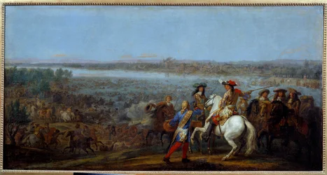 Hollannin sota: "" Reinin kulku 12.6.1672"" Kuningas Ludvig XIV:n (1638-1715) ja Ludvig II Bourbonin armeijat, Conden prinssi (Bourbon-Conde) (Grand Conde) (1621- 1686) ohittaa Reinin Tolhuisiin. Adam Frans van der Meulenin (1632-90) maalaus M