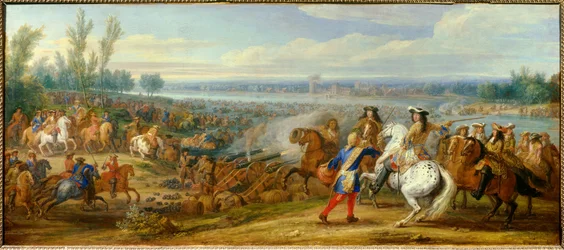 Hollannin sota: "" Reinin kulku 12.6.1672"" Kuningas Ludvig XIV:n (1638-1715) ja Ludvig II Bourbonin armeijat, Conden prinssi (Bourbon-Conde) (Grand Conde) (1621- 1686) ohittaa Reinin Tolhuisiin. Adam Frans van der Meulenin (1632-1690) maalaus