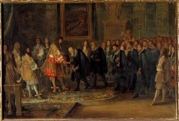 Kuningas Ludvig XIV vastaanottaa Sveitsin suurlähettiläät Louvressa 11.11.1663 Adam Van der Meulenin (1632-1690) maalaus 1664 su. 0,44x0,66 m