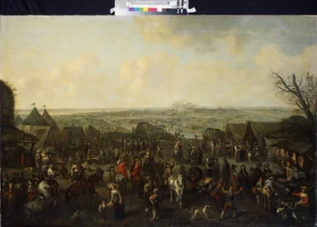 ""Kaupungin piiritys" (Kaupungin piiritys) Arkielämän kohtaus piiritetyssä kaupungissa. Adam Frans van der Meulenin (1632-1690) maalaus 1600-luvun Eremitaaši-museo Pietarissa