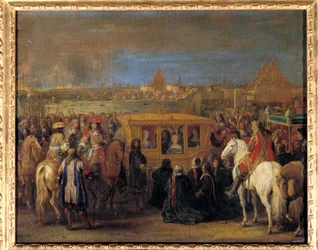 Kuningas Ludvig XIV:n (1638-1715) ja Itävallan kuningatar Marie-Theresen juhlallinen saapuminen Douaihin 23.8.1667 (kuningatar vaunussaan vastaanottaa kaupungin dingiinien kunnianosoituksen heidän suzeraininaan) Adam Frans Vanin maalaus der Meulen (1632-16