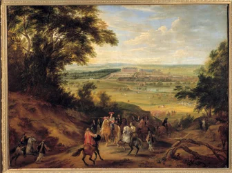 Näkymä Versaillesin linnasta, otettu Satoryn Ludvig XIV:n (1638-1715) korkeuksista metsästysupseerille käskyn antaessa Versaillesin linnaa silmällä pitäen Satoryn kukkuloilla. Adam Frans van der Meulenin (1632-1690) maalaus. 1664 S