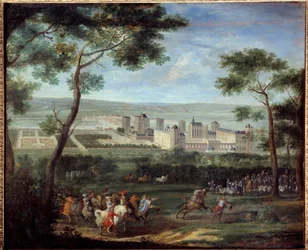 Näkymä Vincennesin linnasta noin 1660: Ranskan kuningas Ludvig XIV (1638-1715) ja Itävallan Marie-Therese (1638-1683) ovat etualalla Adam Van Der Meulenin (1632-1690) maalaus 1660 Dim. 1,10 x 1,35 m Pariisi, Musee Carnavalet