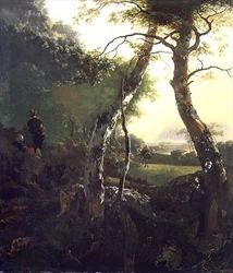 Italian metsäinen maisema hahmoilla ja karjalla (öljy paneelissa)